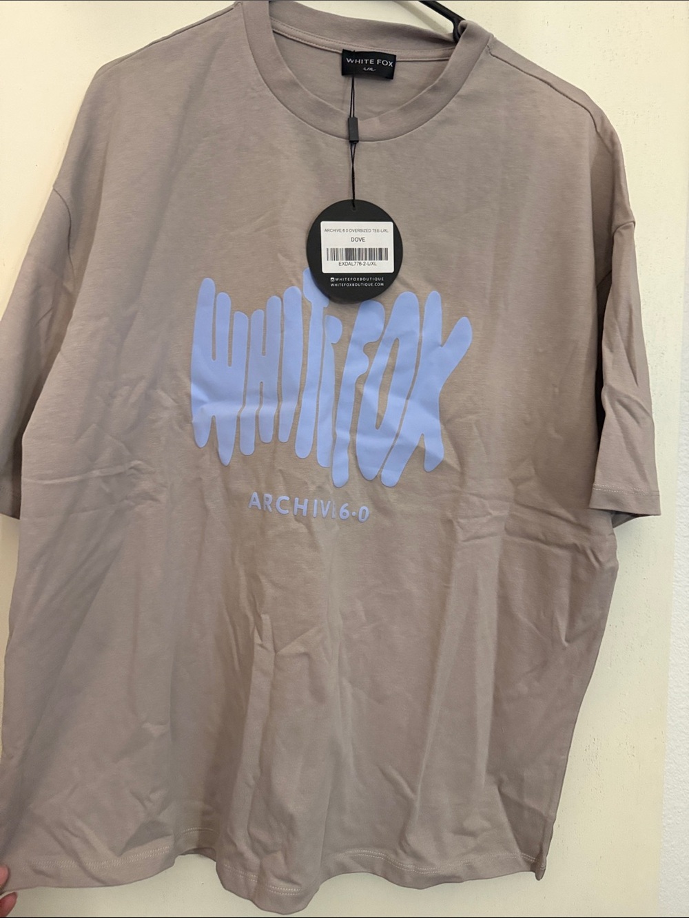 White Fox Boutique Taupe Short Sleeve Tee with Light Blue Logo